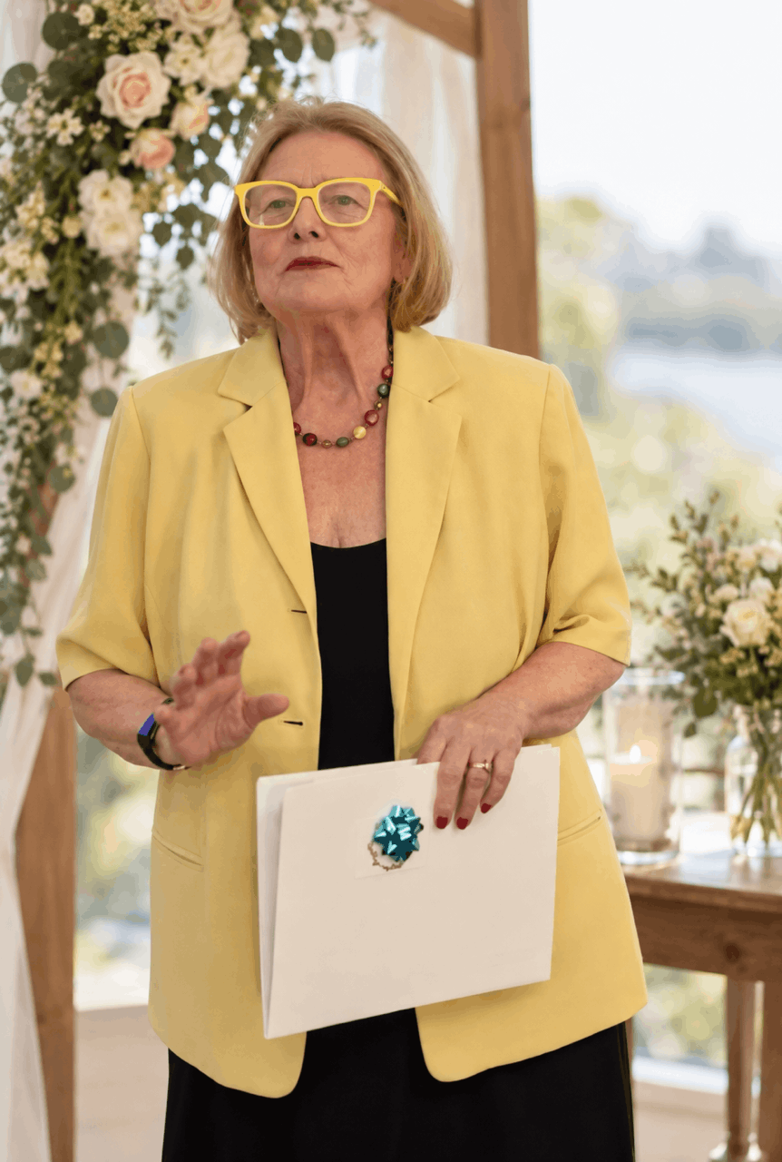 Kathy, in a yellow blazer and glasses, holds a blue-bowed folder near floral decor in bright outdoor light.